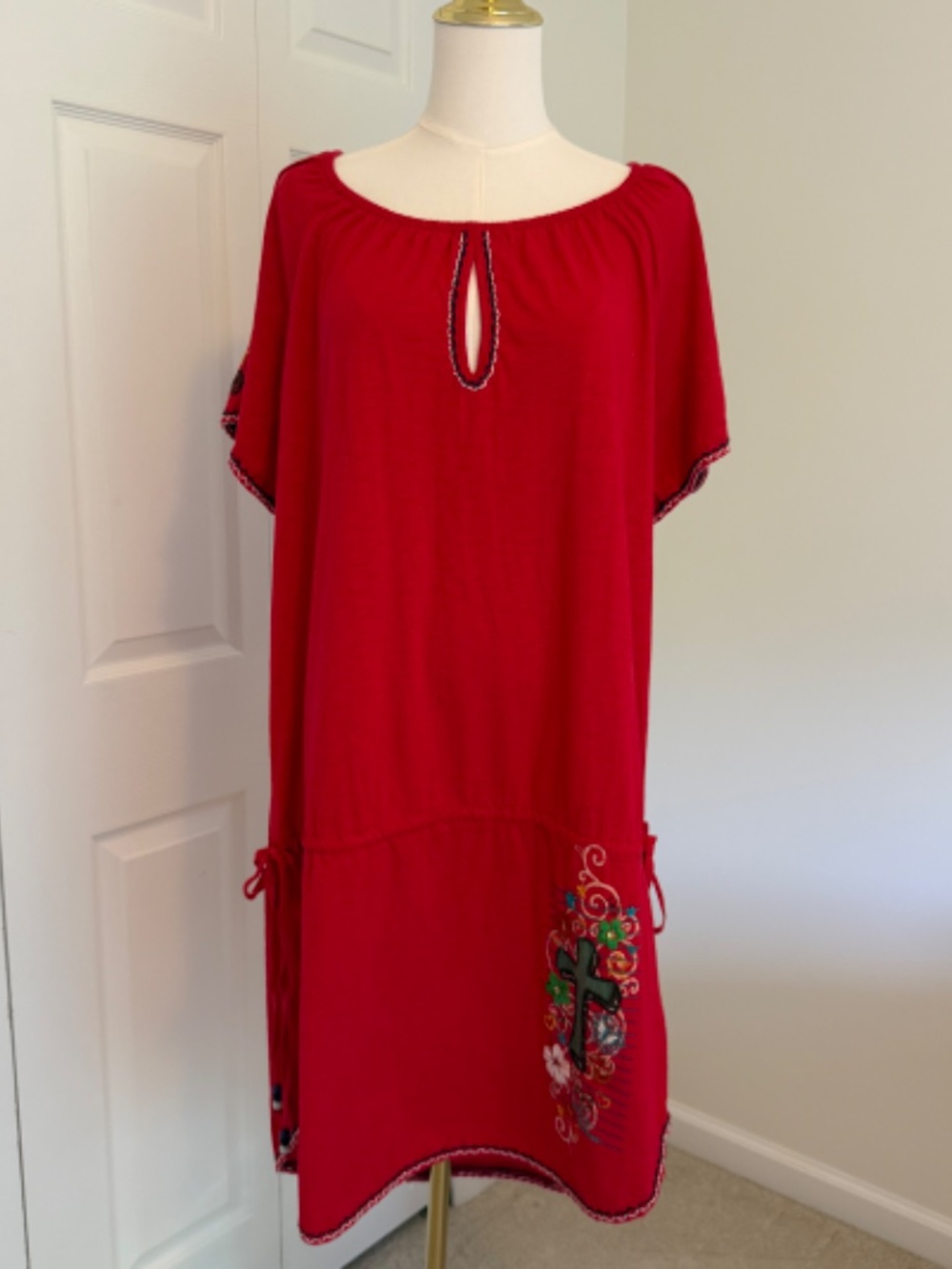 Double D Ranch Red Embroidered Cross Cotton Western Dress L